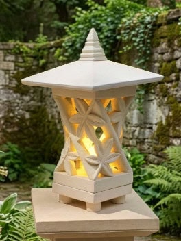 Asian Lantern BAMBOO 43cm - CPS23c , Limestone for interiors and outdoors with a hole in the base for a powered light to be installed.