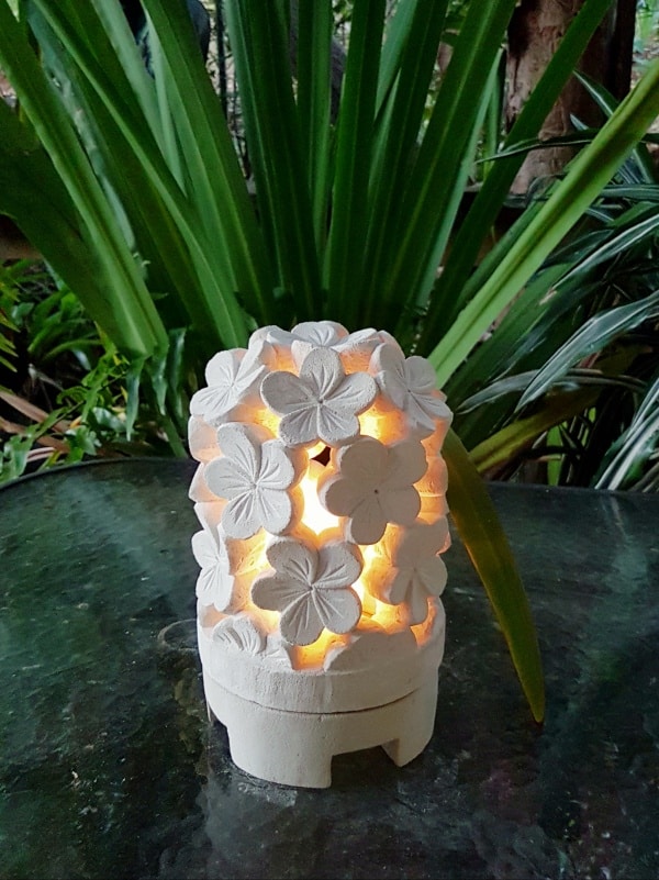 Balinese lantern - FRANGIPANI - 25x15cm - Limestone for interior and outdoor. Install power through a hole in the bottom or add a candle.