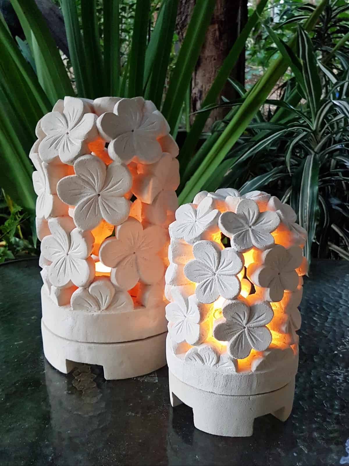 limestone lanterns - Frangipani - Balinese for interior and outdoor design. Add power through a hole in the bottom or add a candle.