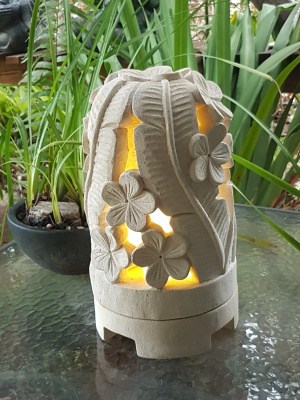Balinese limestone lantern - 35x20cm - LEAF dome - handcarved limestone with a hole in the base for a power to be installed if preferred. 