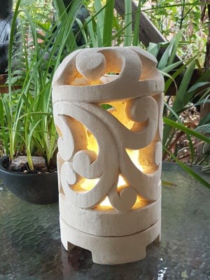 Balinese limestone lantern - SCROLL design - 35x20cm for interior and outdoor design. Add power through a hole in the bottom or add a candle.