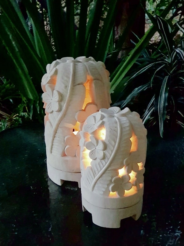 Balinese limestone lanterns - LEAF dome - hand carved limestone, they have a hole in the base for a powered light to be installed if preferred.