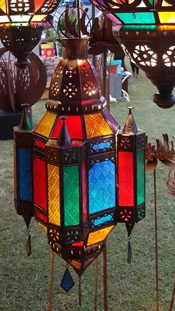 Moroccan Light or Lantern-COLOURFUL - Glass and Brass- 50x30cm - handcrafted in Bali will not rust a large door on the side for access.