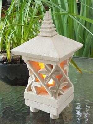 Pagoda Stone Lantern - BAMBOO design 25x15cm -Limestone for interiors and outdoors with a hole in the base for a powered to be installed. 
