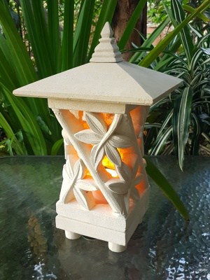 Pagoda Limestone Lantern BAMBOO 45x25cm , Limestone for interiors and outdoors with a hole in the base for a powered light to be installed. 