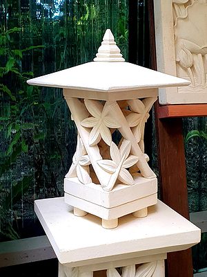 Pagoda Limestone Lantern BAMBOO 45x25cm , Limestone for interiors and outdoors with a hole in the base for a powered light to be installed. 