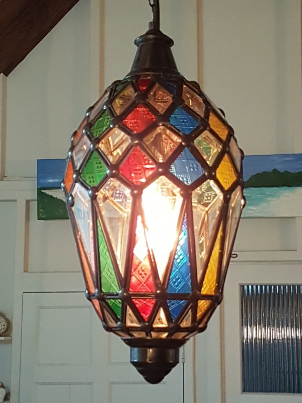 Pendant Lights - Bevelled and Colour -45x20cm- CPL12 glass and brass handcrafted in Bali will not rust - a large door on the side for access.