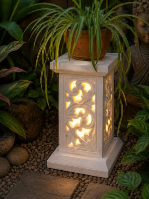 Stone pedestal 50x30cm CPS38 in hand carved Balinese limestone. Create an ambience in your garden or home. Add a 12 volt light for your garden.