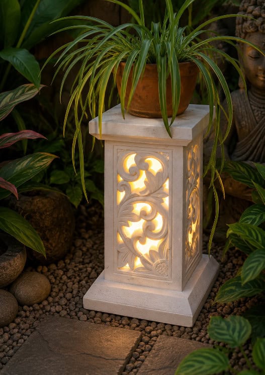 Stone pedestal 50x30cm CPS38 in hand carved Balinese limestone. Create an ambience in your garden or home. Add a 12 volt light for your garden.