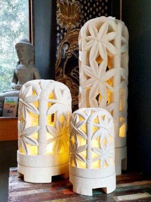 Stone garden lanterns- Bamboo design- available in 3 sizes. Limestone lanterns are great for interior or outdoor spaces, can be powered or candlelight.