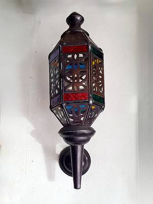 Balinese coloured Wall light 40cm CPL52- Moroccan style wall light in cutout metal. Handcrafted in glass and brass, it will not rust over time.