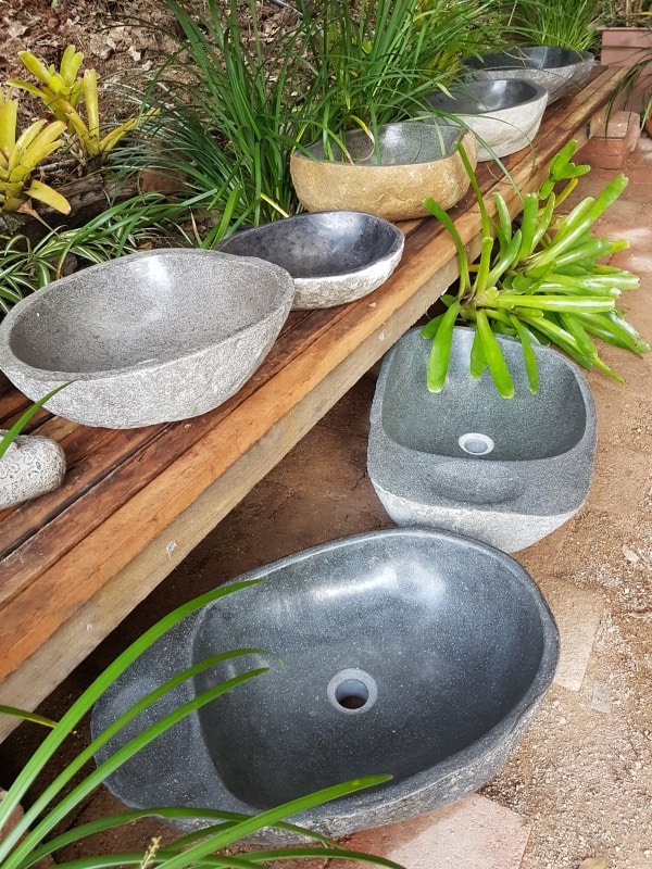 Stone basin with soap holder for interior and outdoor design. Create the ambience with the stone basin in your bathroom or garden.