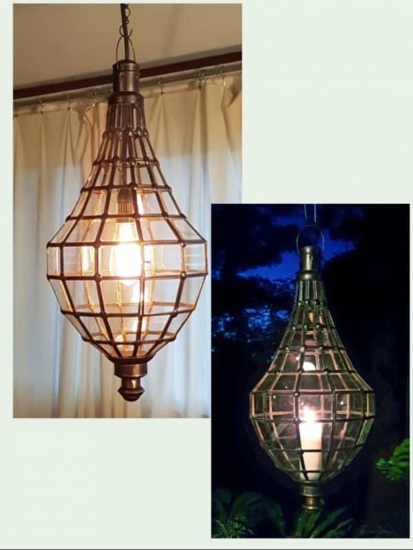 Moroccan Style Teardrop Light or Lantern - Glass and Brass- 60x30cm - handcrafted in Bali will not rust - a large door on the side for access.