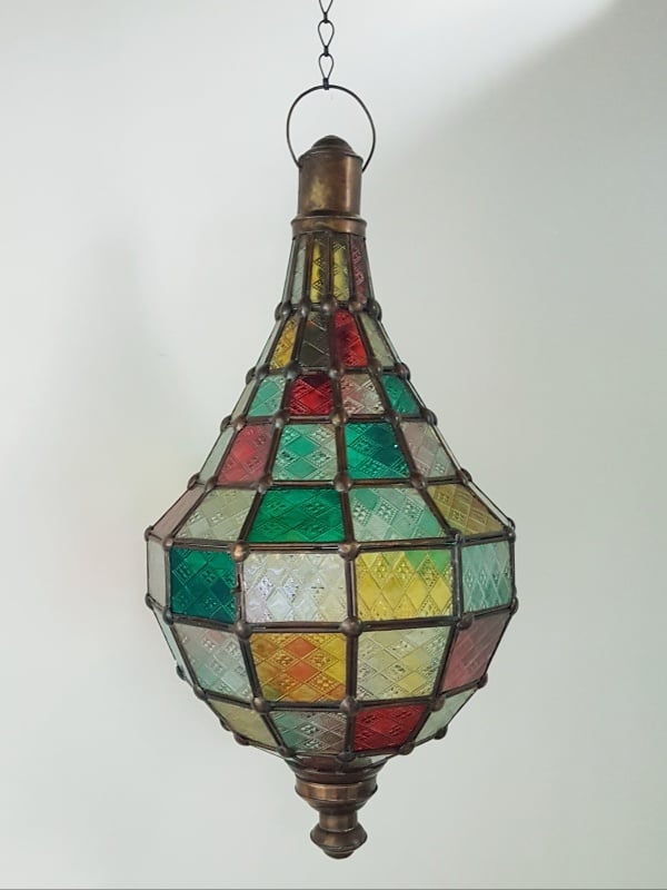 Coloured Pendant Light - Glass and Brass- 60x25cm - handcrafted in Bali will not rust. Each light has a large door on the side for access.