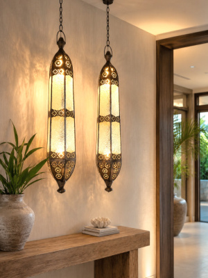 Handcrafted Balinese 80cm glass & brass long light lantern from CasaPandan. Rust-free, durable & weather-resistant for indoor or garden spaces.