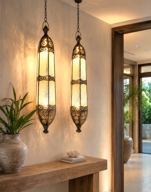 Handcrafted Balinese 80cm glass & brass long light lantern from CasaPandan. Rust-free, durable & weather-resistant for indoor or garden spaces.