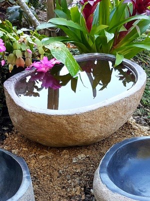 Stone BIRDBATH 48cm CPS54 or Water Feature handcrafted in Bali for your outdoor design. Attract the birds to your garden for them to drink and bath in.