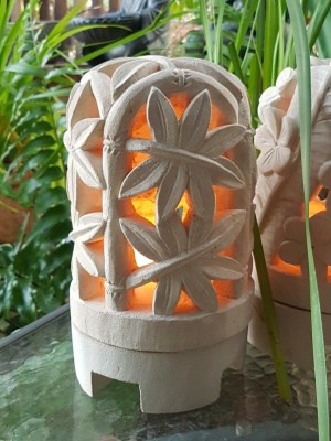 Balinese Limestone Lantern - BAMBOO DOME -26x15cm Limestone for interiors and outdoor design with a hole in the base for a powered light to be installed. 