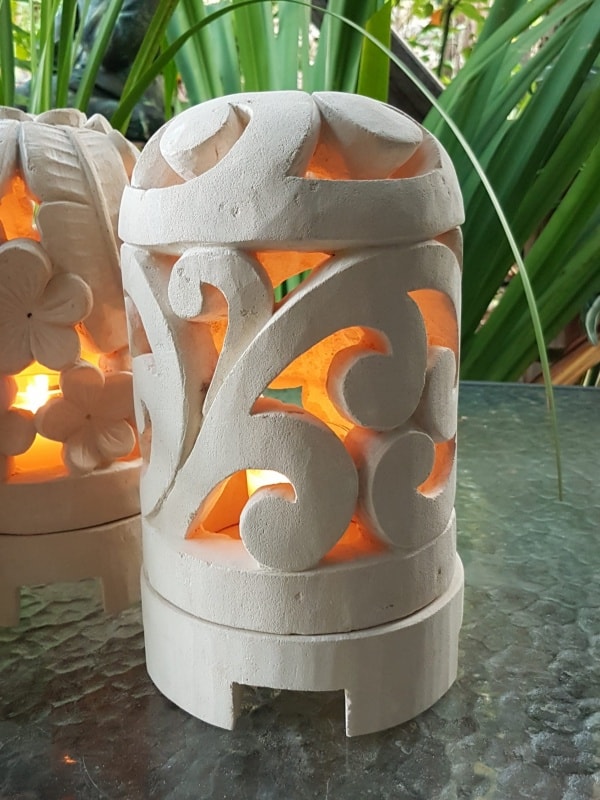 Balinese LIMESTONE LANTERN - SCROLL 26x15cm DOME -Limestone for interiors and outdoor design. Use candle power or install a light.