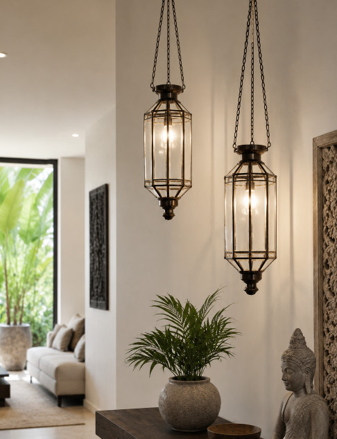 Balinese light - Bevelled GLASS PANELS 55x20cm - CPL16a - from CasaPandan. Handcrafted in Bali with rust-proof solid brass and bevelled glass panels