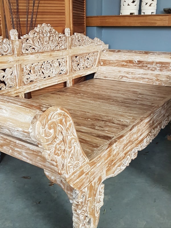 Balinese Daybed Handcarved Whitewashed Teak 230x100x110cm with rolled arms. Created by Balinese craftsmen and women for your enjoyment and relaxation.
