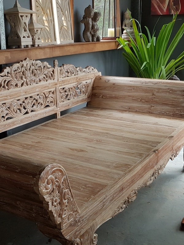 Balinese Daybed Whitewashed Teak 270x120x110cm with rolled arms. Handcarved by Balinese craftsmen and women for your enjoyment and relaxation.