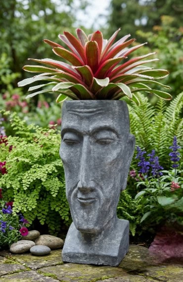 Tall Buddha Head Planter- 100cm from CasaPandan -made from (GRC) a stone composite material. Sturdy in the garden but able to be moved by two people.