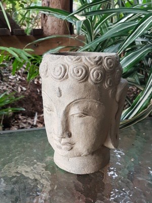 Buddha Head Plant Pot - 20x15cm. Handcrafted in volcanic ash and concrete by our Balinese craftsmen and women for your patio or garden.