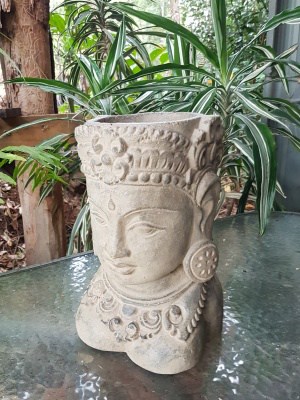 Lady Tara Buddha Head Plant Pot - 25x15cm. Handcrafted in volcanic ash and concrete by our Balinese craftsmen and women.