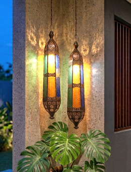 Balinese Long Coloured Light - 80cm from CasaPandan. Handcrafted in Bali from rust-proof glass and brass, bringing warm ambience to your space.