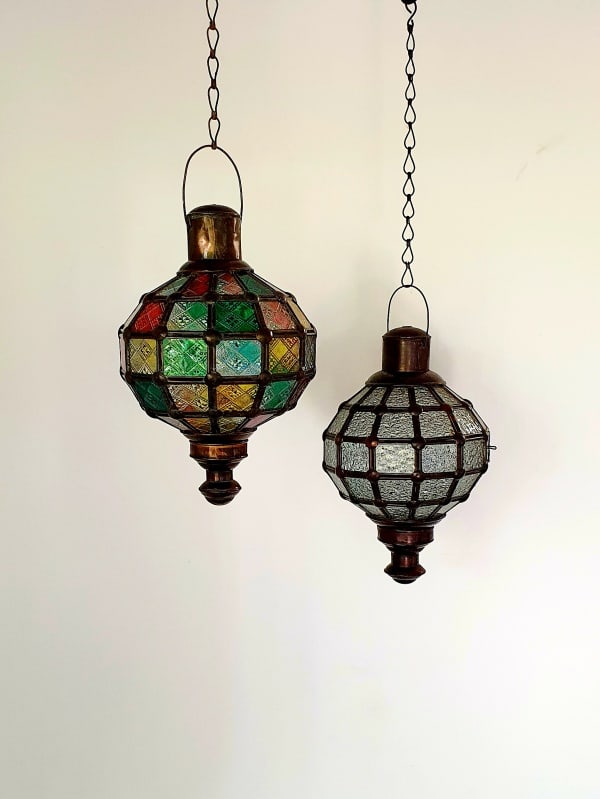 Round Cafe Light COLOURED - Glass and Brass- 30x20cm - handcrafted in Bali will not rust. Each light has a large door on the side for access.