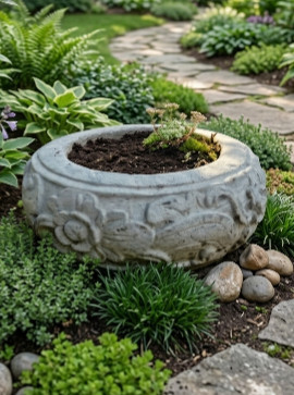 Carved stone planter or bowl CPS81 is a blend of Balinese limestone and concrete 50cm wide x 20cm high - water feature or planter.