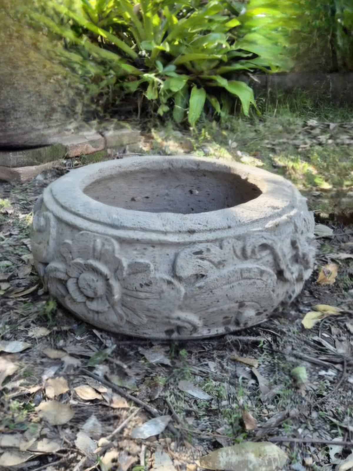 Carved stone planter or bowl CPS81 is a blend of Balinese limestone and concrete 50cm wide x 20cm high - water feature or planter.