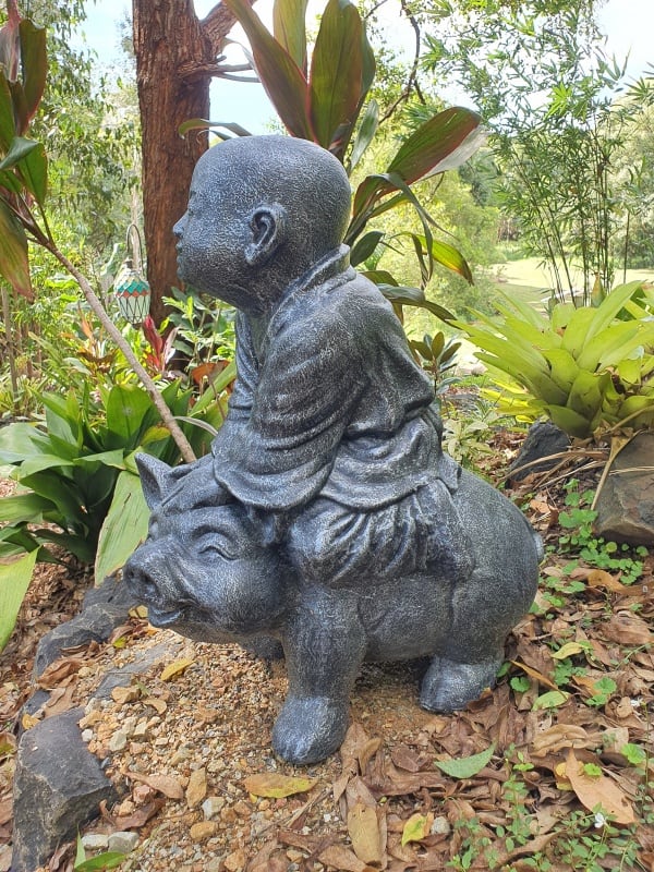 Buddha riding Pig statue 60x50x25cm - Buddha is lighter weight in fibre cement. Great for small gardens, decks and patios in apartments.
