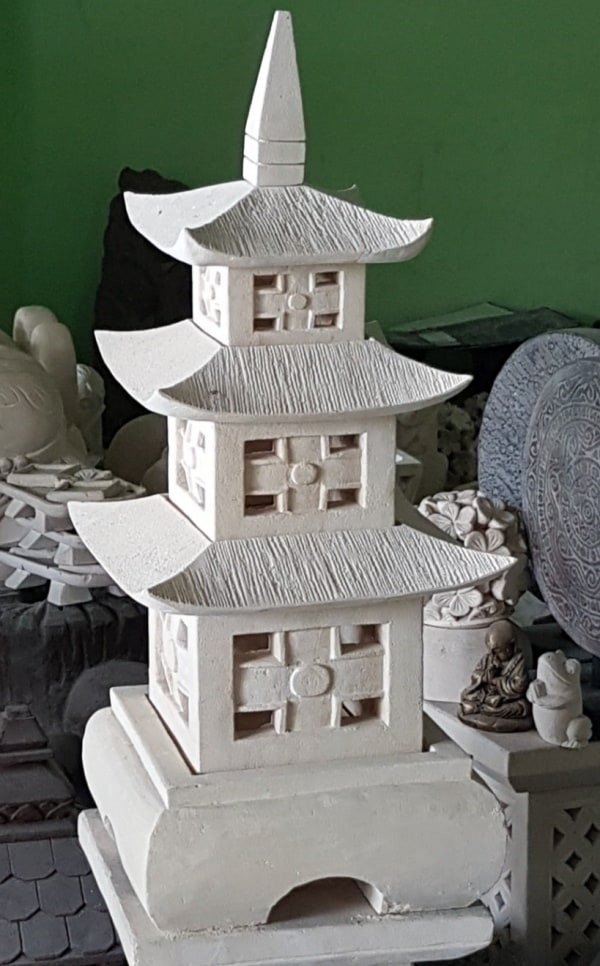 Pagoda Limestone Lantern  70x30cm CPS29 Hand carved by the Balinese artists. They have a hole in the base to enable a powered light to be installed. 