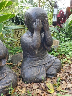 See No Evil Buddha 60x37x30cm -made from a stone composite material. Three available - see no evil, hear no evil, speak no evil statues.