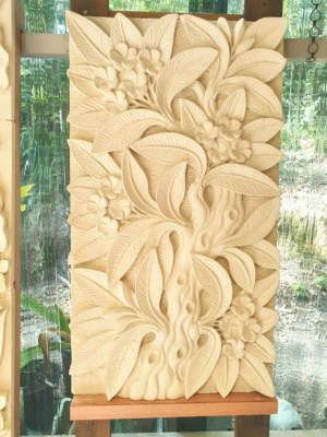 Balinese stone panel 90x50cm CPS131 - Frangipani design- is hand carved from solid Balinese limestone. Create a Balinese theme in your home.