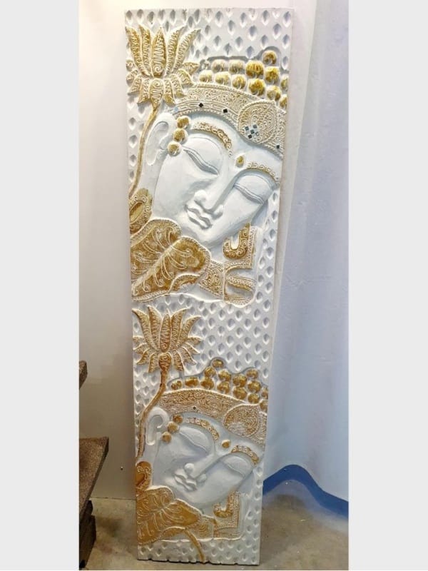 Buddha white wall panel 120x30cm CPW25 - hand carved by the talented Balinese craftsmen. Create a peaceful Balinese theme in your home.