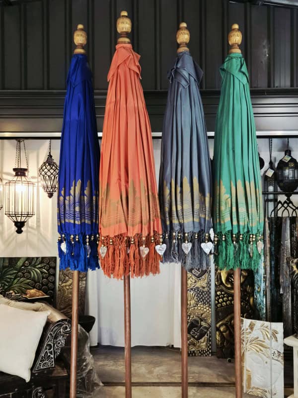 Decorated Balinese Waterproof Umbrella 2 m CHARCOAL in gold with hearts and tassels. Handcrafted by skilled artisans in Bali.