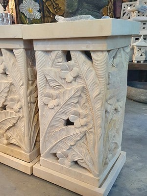 carved stone pillars CPS37 -  70x35cm Frangipani & leaf design in hand carved limestone from Bali. Create a Balinese feeling to your garden or home.