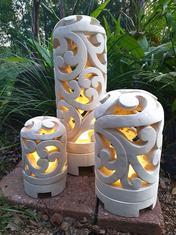 Balinese Garden Lights- SCROLL design- in 3 sizes. Limestone lanterns are great for interior or outdoor spaces, can be powered or candlelight.