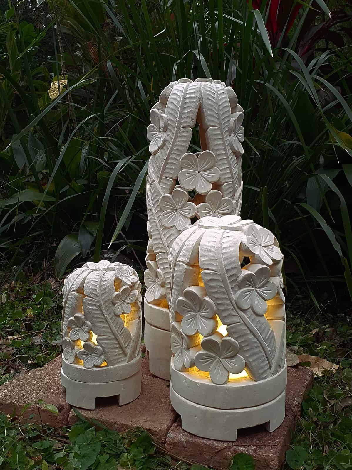 Limestone Garden Lights- FRANGIPANI design- in 3 sizes. Limestone lanterns are great for interior or outdoor spaces, can be powered or candlelight.