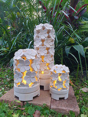 Limestone Garden Lights- FRANGIPANI design- in 3 sizes. Limestone lanterns are great for interior or outdoor spaces, can be powered or candlelight.