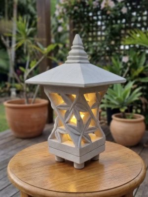 Bali Stone Lantern 35cm -CPS23b BAMBOO - Limestone for interiors and outdoors with a hole in the base for a powered light to be installed. 