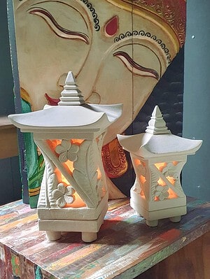 Balinese Stone Lantern CPS25 - LEAF - 2 sizes. Limestone for interiors and outdoors with a hole in the base for a powered light to be installed. 