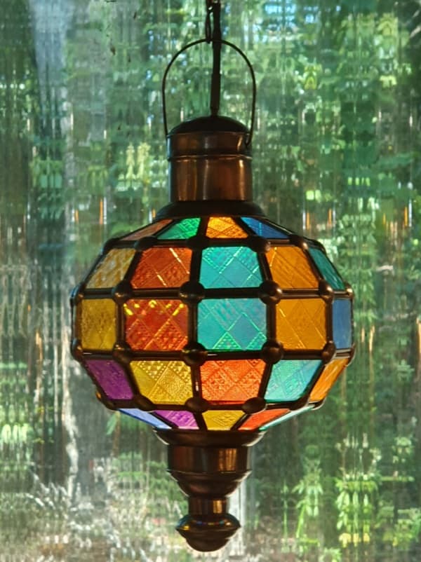 CAFE light COLOURED 30x20cm - CPL2b - handcrafted by Balinese in glass and brass will not rust. Each light has a large door on the side for access.
