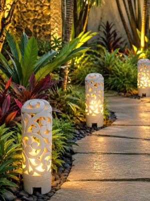 Limestone Lantern - 60cm CPS17c SCROLL. Limestone lanterns are great for interior or outdoor spaces, can be powered or candlelight.