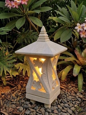 Stone Lantern LEAF 35cm CPS25b design - limestone for interiors and outdoor design with a hole in the base for a powered light to be installed.