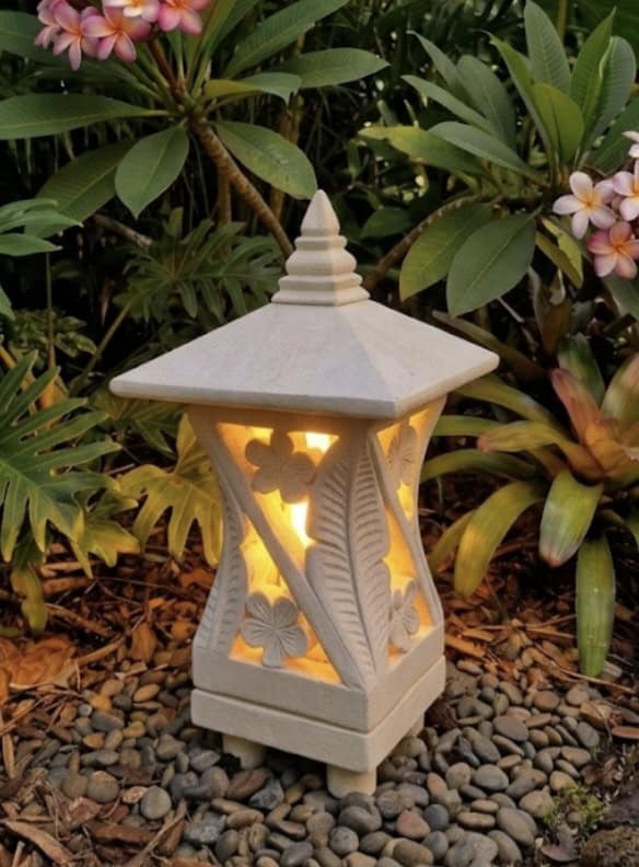 Stone Lantern LEAF 35cm CPS25b design - limestone for interiors and outdoor design with a hole in the base for a powered light to be installed.