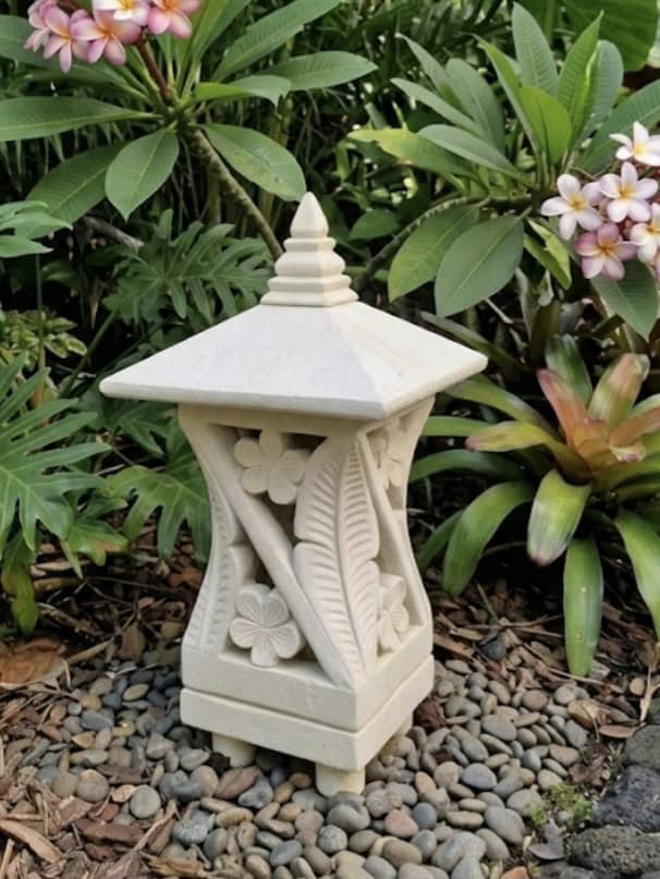 Stone Lantern LEAF 35cm CPS25b design - limestone for interiors and outdoor design with a hole in the base for a powered light to be installed.